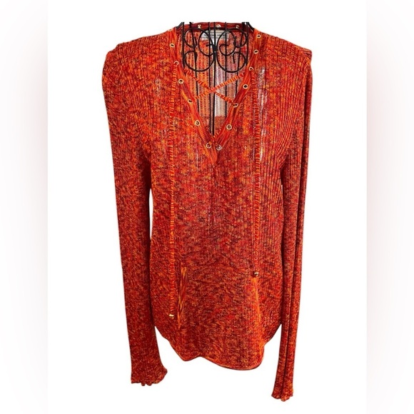 St. John Sport Orange Multi Lace Up V-Neck Knit Sweater - Picture 1 of 16